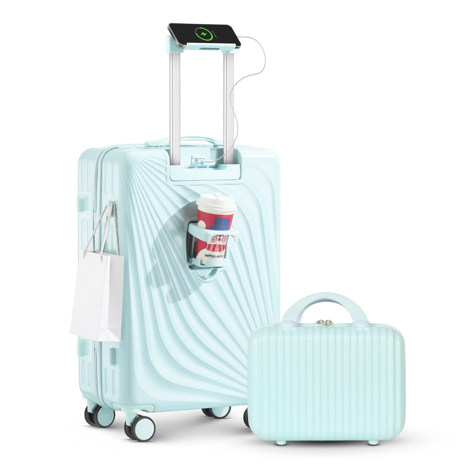 2-Piece Lightweight Carry-on Luggage Set, ABS/PC Hard Shell, 360 Spinner Wheels, Cup Holder & USB Charging Port (Blue)