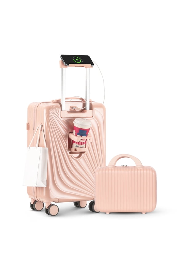 2-Piece Lightweight Carry on Luggage Set ABS PC Hard Shell,360 Degree Spinner Wheels, Cup Holder,Lock and USB Charger for Travel,Pink