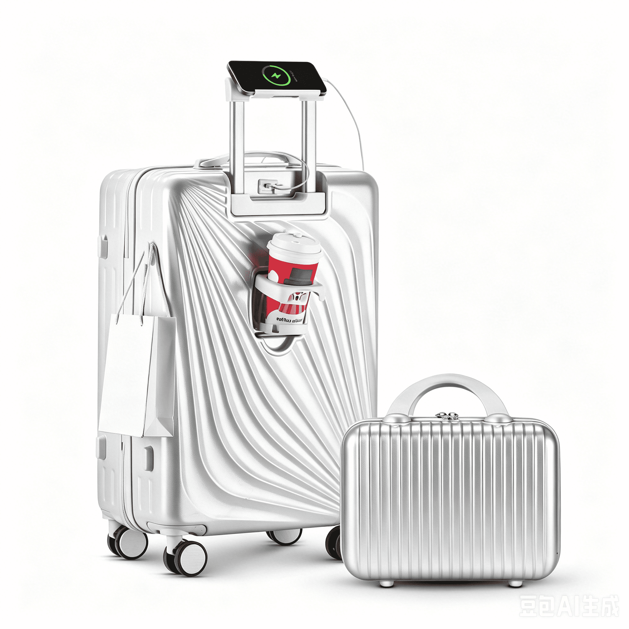 2-Piece Lightweight Carry-on Luggage Set, ABS/PC Hard Shell, 360 Spinner Wheels, Cup Holder & USB Charging Port (Silver)