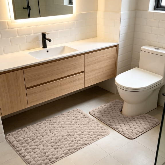 2-Piece Absorbent Bathroom Rug Set, Polyester Bath Mat and Toilet Rug for Shower and Vanity Areas, Soft Floor Covering with Slip‑Resistant Backing Backing