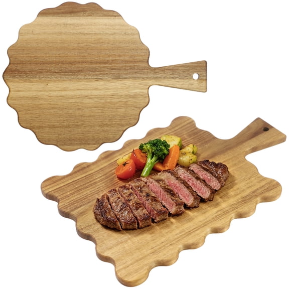 2-Piece Acacia Wood Serving Board Set, Wavy Edge Cheese Boards with Handles, Multipurpose Cutting & Charcuterie Platter