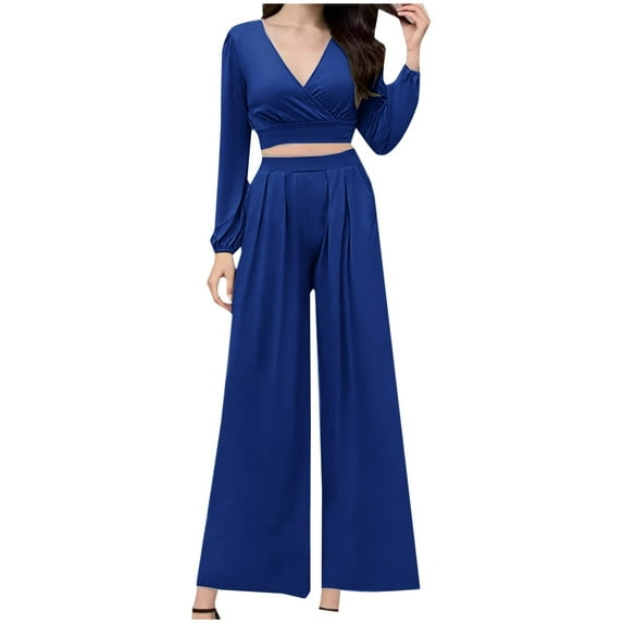 2 Piece Active Suit Set Women's 2 Piece Office Outfits Long Sleeve Croppes Tops Casual High Waist Wide Leg Pant Sets Cocktail Party Suit 2 Piece Office Suit Set S-76 Blue S