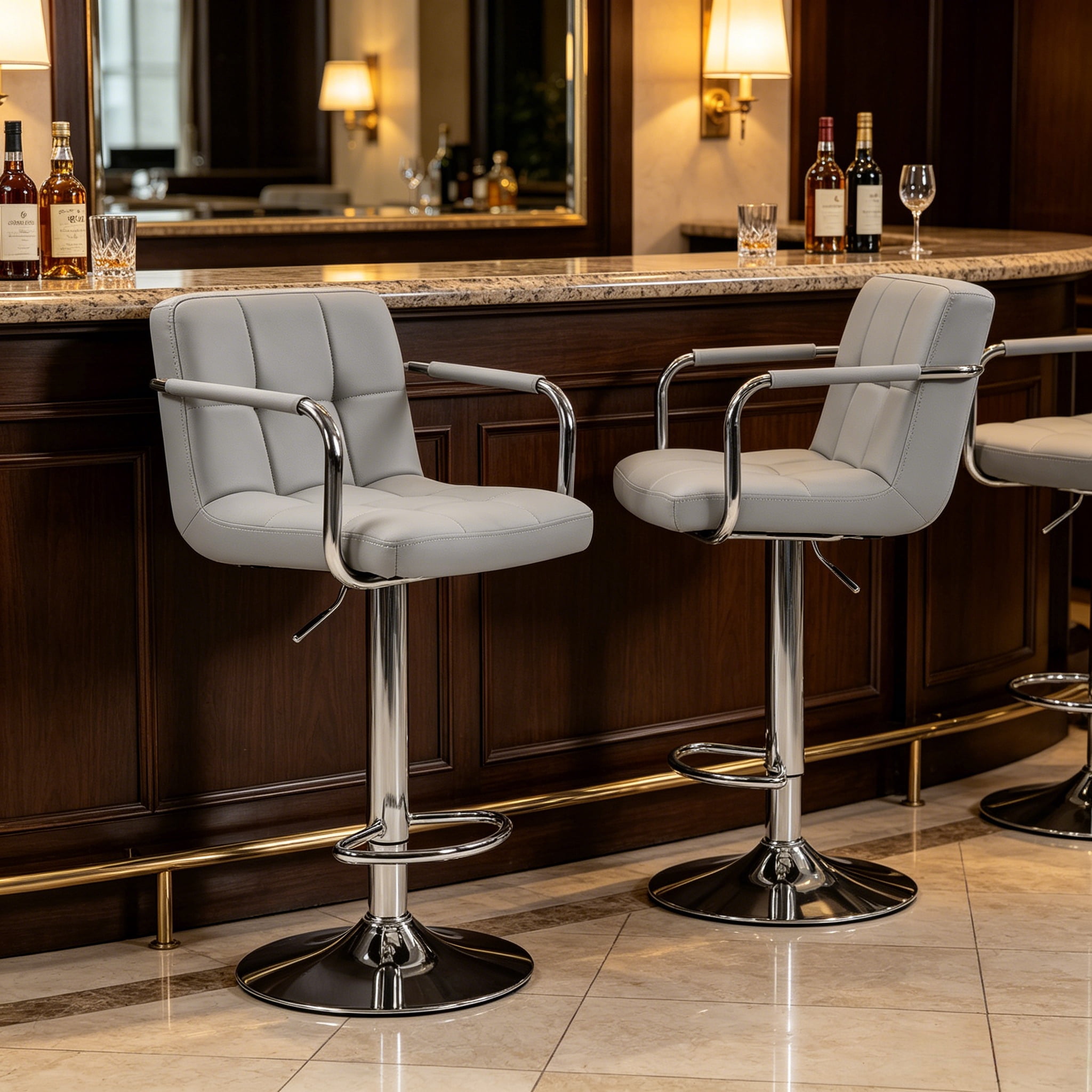 2-Piece Adjustable Gray Swivel Bar Stools with Padded Armrests & Backrests, PU Leather Waterproof, Height Adjustable 24.2-32.5 in