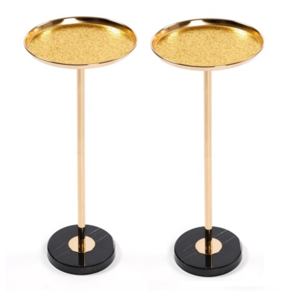 2-Piece Adjustable Side Tables, Small Gold Martini Tea Tables with Natural Marble Base, Metal Tray Top, Pedestal End Tables for Living Room Bedroom