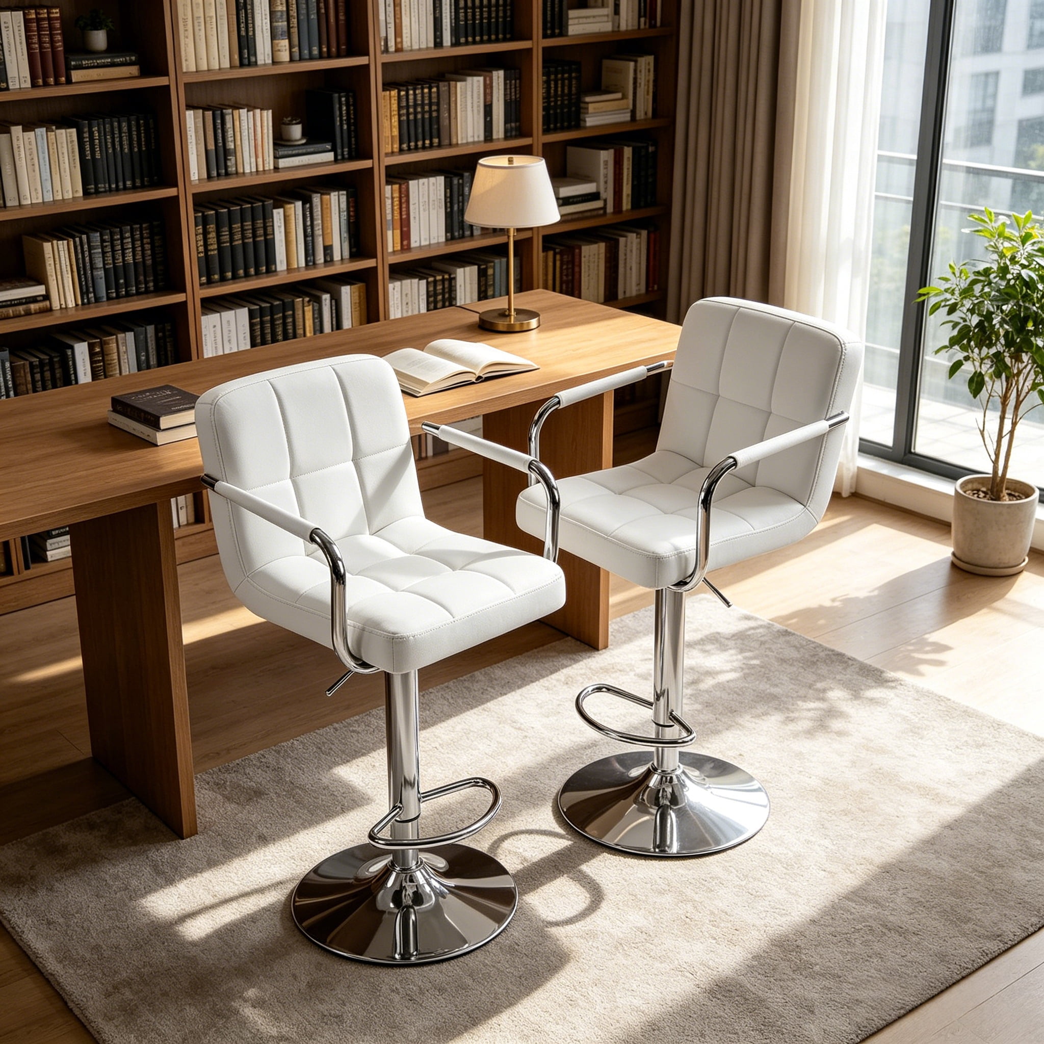 2-Piece Adjustable White Swivel Bar Stools with Padded Armrests & Backrests, PU Leather Waterproof, Height Adjustable 24.2-32.5 in