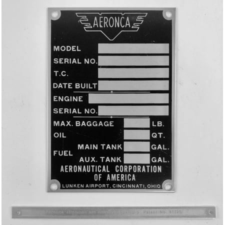 2-Piece Aeronca Data Plate/Patent Number Placard GRP-0141