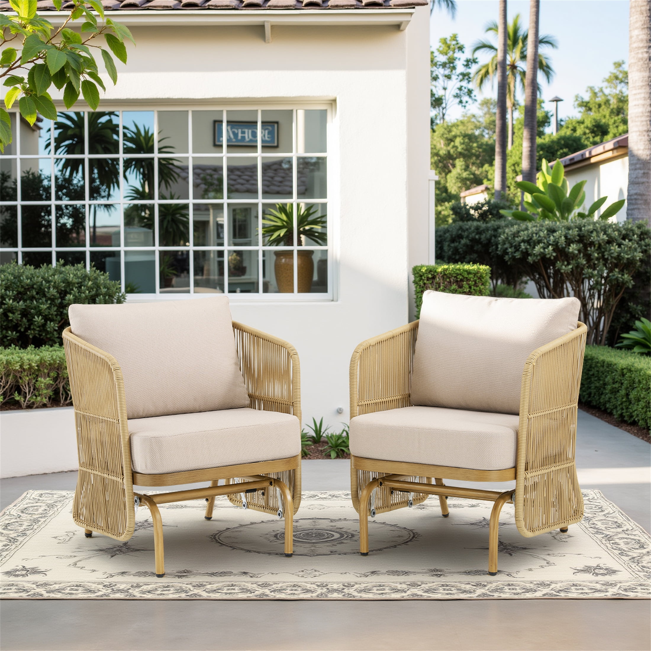 Beige Wicker Glider Chairs with Cushions, Set of 2
