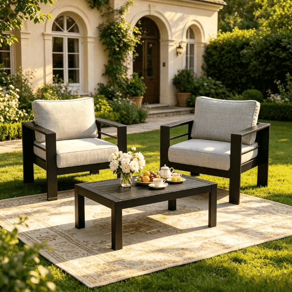 2 Piece Aluminum Patio Conversation Set, Exposed Frame Arm Chairs with Light Gray Cushions & WPC Coffee Table, Patio Conversation Set for Backyard, Heynemo
