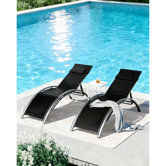 2-Piece Aluminum Pool Lounge Chairs, Adjustable Rust-Resistant Outdoor Chaise Loungers, All-Weather Recliner Seating for Poolside, Deck, Lawn and Balcony Leisure Area, Black