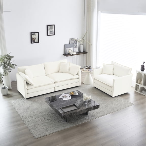 2 Piece And Chair , White Chenille Upholstery, Solid Wood Construction, Sponge Fill, Living Room Comfort Seater Chair, Quality Modern Furniture,