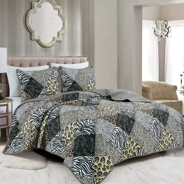 2 Piece Animal Print Bedspread Leopard Zebra Cheetah Printed Quilt Set Jungle Rustic Cabin Theme Bedding Reversible Black Twin Size Coverlet for All Season