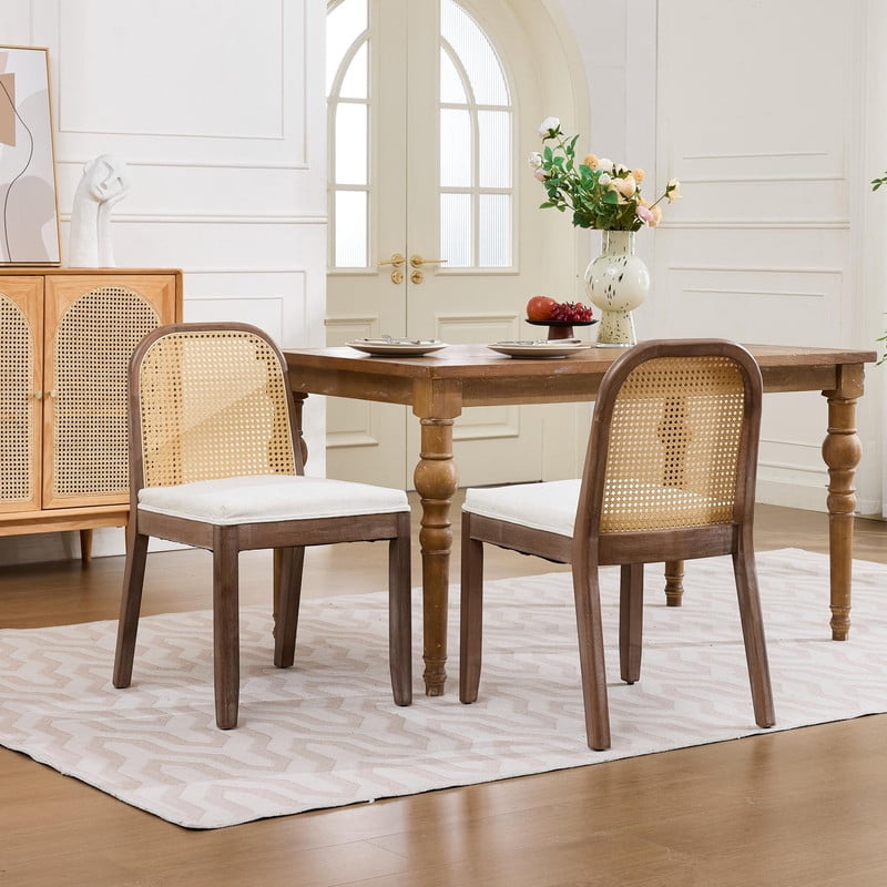 2-Piece Arched Rattan Back Dining Chairs, Farmhouse Side Kitchen Chairs, Chenille Upholstered Armless Accent Chair Set of 2