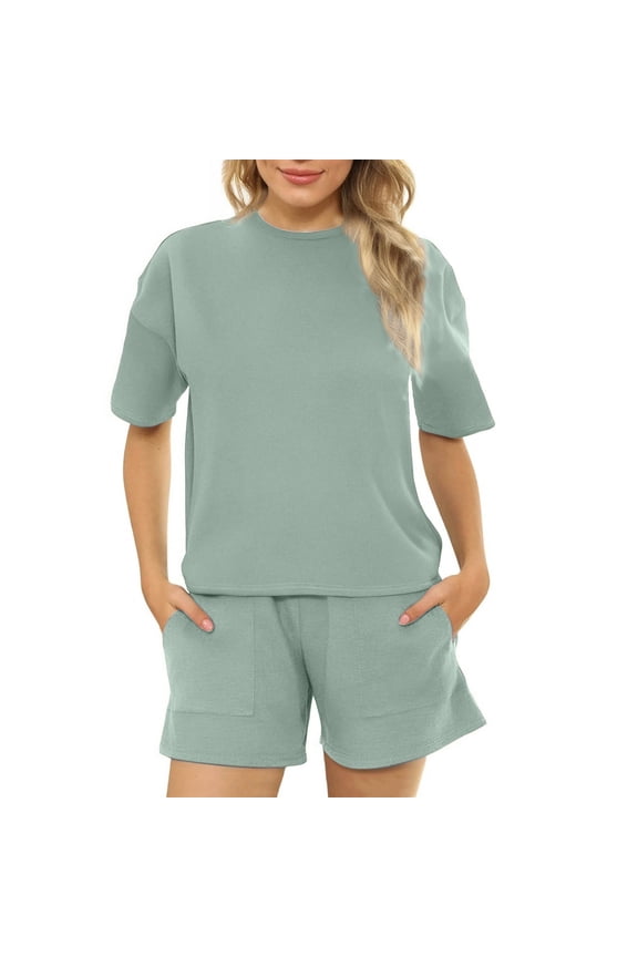 2 Piece Athletic Outfit Sets for Women Crewneck Short Sleeve Casual Summer T Shirt and Shorts Suits Solid Color Gym Running Workout Set