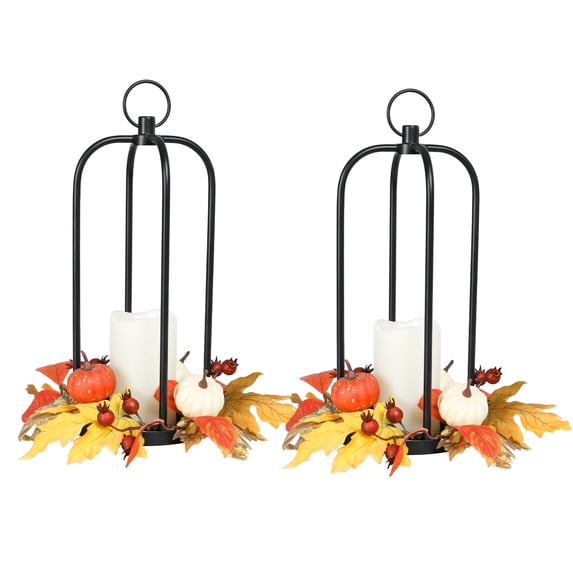 2 Piece Autumn Harvest Metal Lantern Set with with Flameless Pillar LED Candles,Decorative Lanterns for Home Decor,Festive Decor for Porch,Yard & Thanksgiving