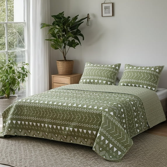 2-Piece Aztec Quilt Set Twin Size, White Arrows Dots and Striped on Sage Green Geometric Reversible Bedspread/Coverlet, Brushed Microfiber for All Season