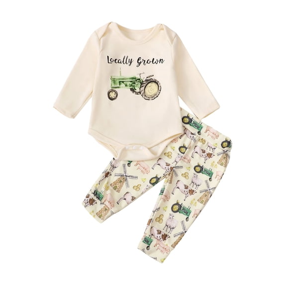 2-Piece Baby Toddler Boys Clothing Set 0 3 6 12 18 Months Tractor Print Long Sleeve Round Neck Romper Farm Print Trousers Outfits