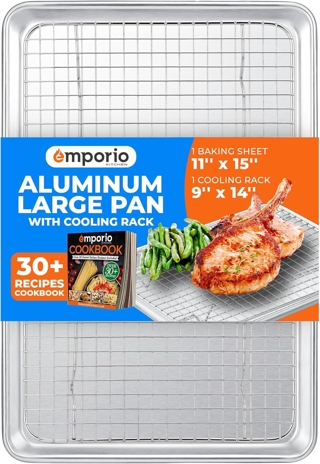 2-Piece Baking Set – 10.5" x 15" Aluminum Pan with Stainless Steel Cooling Rack, Oven Safe up to 500°F, Includes Recipe Booklet