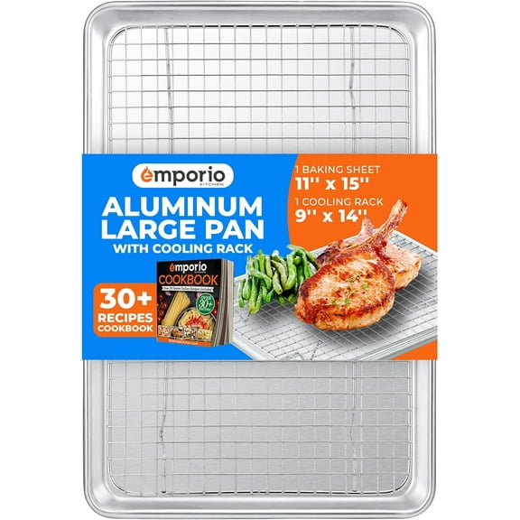 2-Piece Baking Set 10.5" x 15" Aluminum Pan with Stainless Steel Cooling Rack, Oven Safe up to 500F, Includes Recipe Booklet