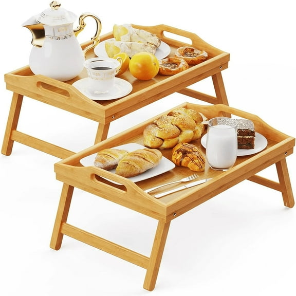Bamboo Bed Tray Table with Foldable Legs & Handles, Natural, 2-Pack