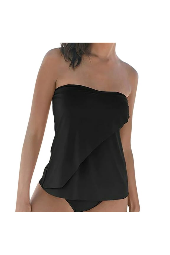 2 Piece Bandeau Tankini Swimsuits for Women Loose Removable Strap Swim Top with Bikini Bottom Bathing Suits