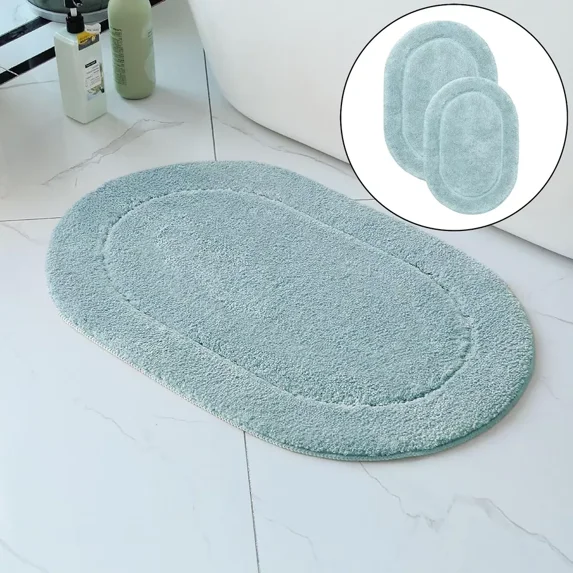 2 Piece Bath Mat Set - Blue Oval Solid Bordered Bathroom Mat Soft Plush Thick