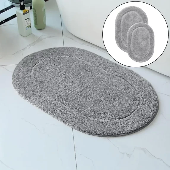 2 Piece Bath Mat Set - Light Silver Oval Solid Bordered Bathroom Mat Soft Plush Thick