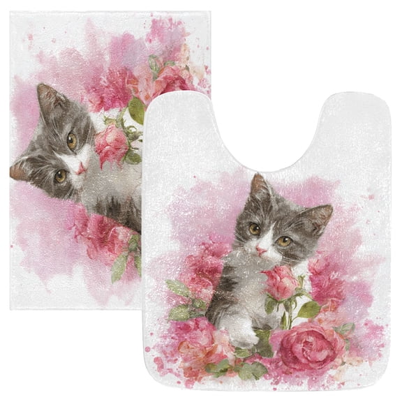 2 Piece Bath Mat Set with U-Shaped Toilet Mat and Rectangle Bath Rugs Non Slip Machine Washable Bathroom Mats A Gray-white Cat