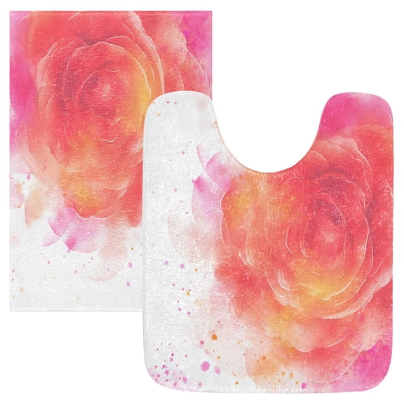 2 Piece Bath Mat Set with U-Shaped Toilet Mat and Rectangle Bath Rugs Non Slip Machine Washable Bathroom Mats Abstract Rose Watercolor Pattern