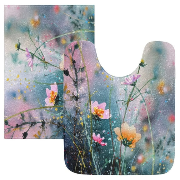 2 Piece Bath Mat Set with U-Shaped Toilet Mat and Rectangle Bath Rugs Non Slip Machine Washable Bathroom Mats Abstract Wildflowers