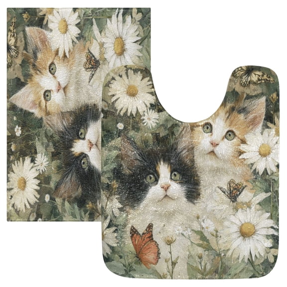 2 Piece Bath Mat Set with U-Shaped Toilet Mat and Rectangle Bath Rugs Non Slip Machine Washable Bathroom Mats Adorable Cats and Daisies