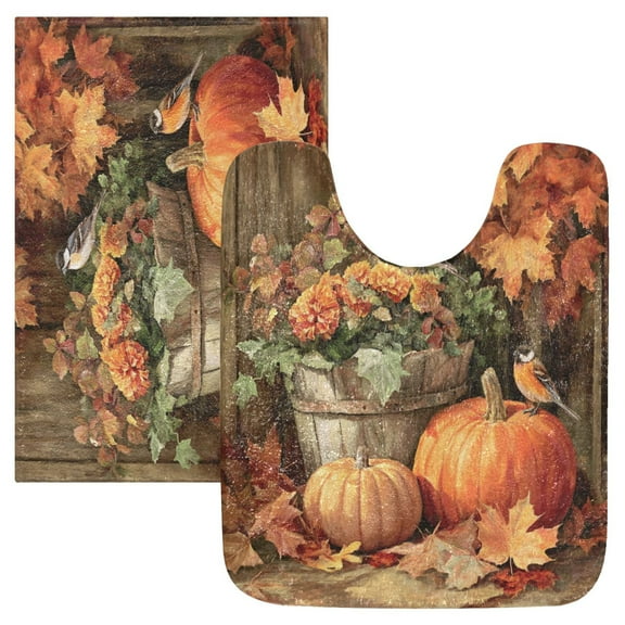 2 Piece Bath Mat Set with U-Shaped Toilet Mat and Rectangle Bath Rugs Non Slip Machine Washable Bathroom Mats Beautiful Fall Scene