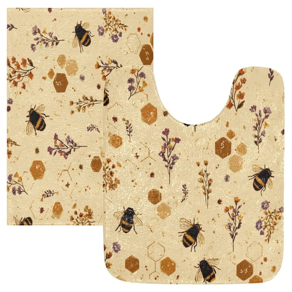 2 Piece Bath Mat Set with U-Shaped Toilet Mat and Rectangle Bath Rugs Non Slip Machine Washable Bathroom Mats Bees and Flowers Pattern
