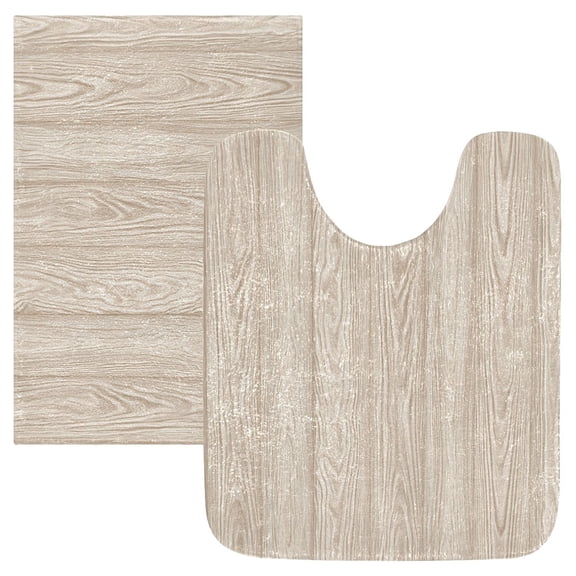 2 Piece Bath Mat Set with U-Shaped Toilet Mat and Rectangle Bath Rugs Non Slip Machine Washable Bathroom Mats Beige Wood Grain Pattern