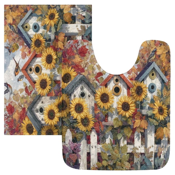 2 Piece Bath Mat Set with U-Shaped Toilet Mat and Rectangle Bath Rugs Non Slip Machine Washable Bathroom Mats Birdhouses with Sunflowers