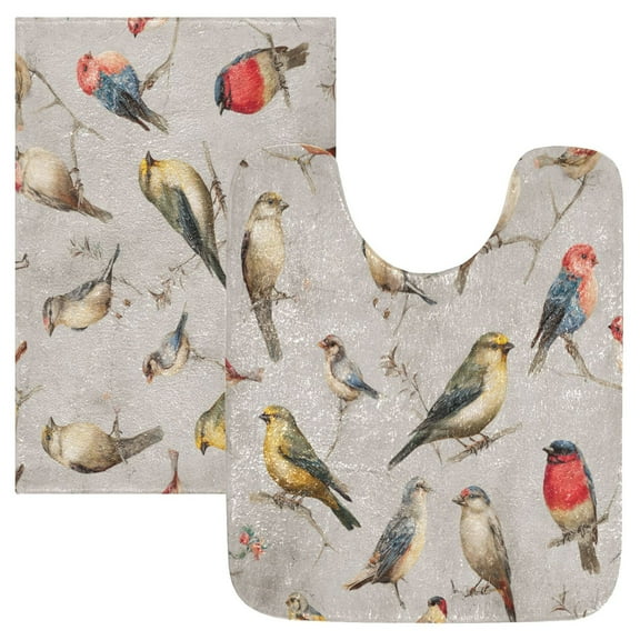 2 Piece Bath Mat Set with U-Shaped Toilet Mat and Rectangle Bath Rugs Non Slip Machine Washable Bathroom Mats Birds Pattern