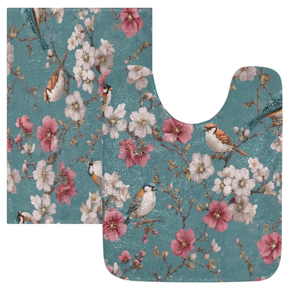 2 Piece Bath Mat Set with U-Shaped Toilet Mat and Rectangle Bath Rugs Non Slip Machine Washable Bathroom Mats Birds and Cherry Pattern