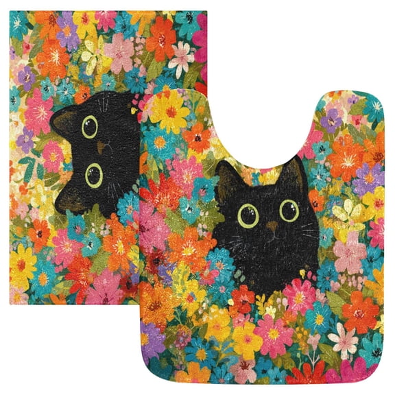 2 Piece Bath Mat Set with U-Shaped Toilet Mat and Rectangle Bath Rugs Non Slip Machine Washable Bathroom Mats Black Cat Among Colorful Flowers
