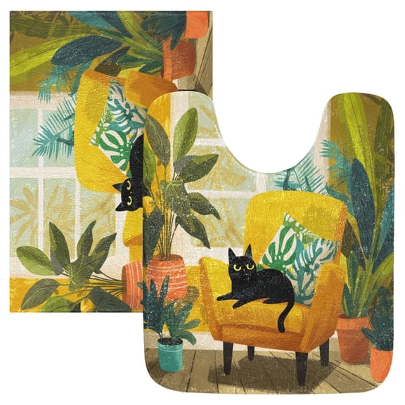 2 Piece Bath Mat Set with U-Shaped Toilet Mat and Rectangle Bath Rugs Non Slip Machine Washable Bathroom Mats Black Cat Lounging
