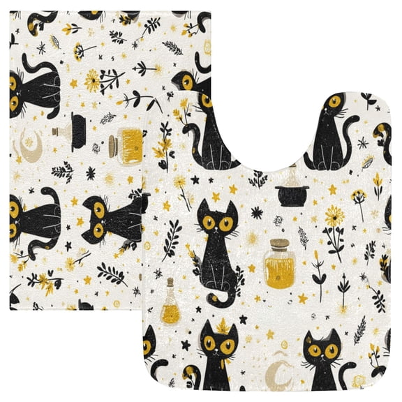 2 Piece Bath Mat Set with U-Shaped Toilet Mat and Rectangle Bath Rugs Non Slip Machine Washable Bathroom Mats Black Cat Seamless Pattern