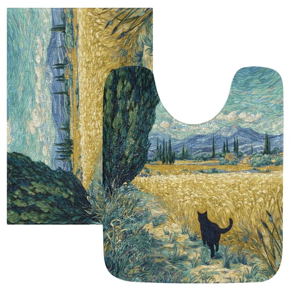 2 Piece Bath Mat Set with U-Shaped Toilet Mat and Rectangle Bath Rugs Non Slip Machine Washable Bathroom Mats Black Cat Walking Fields