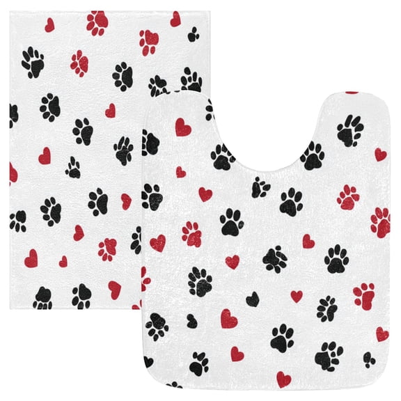 2 Piece Bath Mat Set with U-Shaped Toilet Mat and Rectangle Bath Rugs Non Slip Machine Washable Bathroom Mats Black Paws and Hearts Pattern