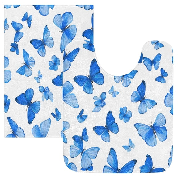 2 Piece Bath Mat Set with U-Shaped Toilet Mat and Rectangle Bath Rugs Non Slip Machine Washable Bathroom Mats Blue Butterfly Pattern