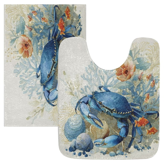 2 Piece Bath Mat Set with U-Shaped Toilet Mat and Rectangle Bath Rugs Non Slip Machine Washable Bathroom Mats Blue Crab and Shells