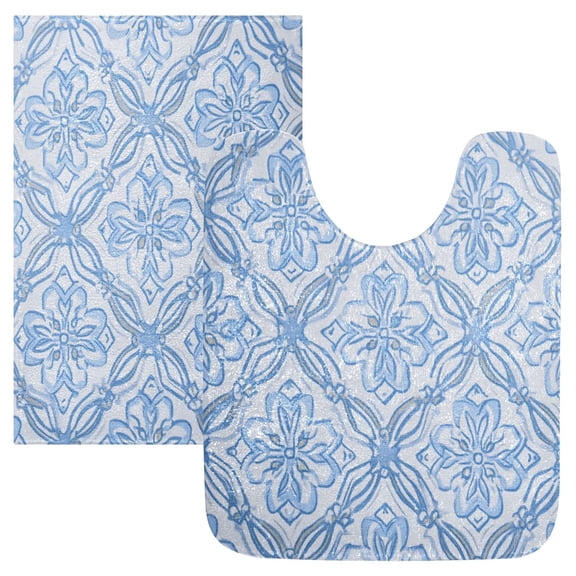2 Piece Bath Mat Set with U-Shaped Toilet Mat and Rectangle Bath Rugs Non Slip Machine Washable Bathroom Mats Blue Elegant Geometric Design