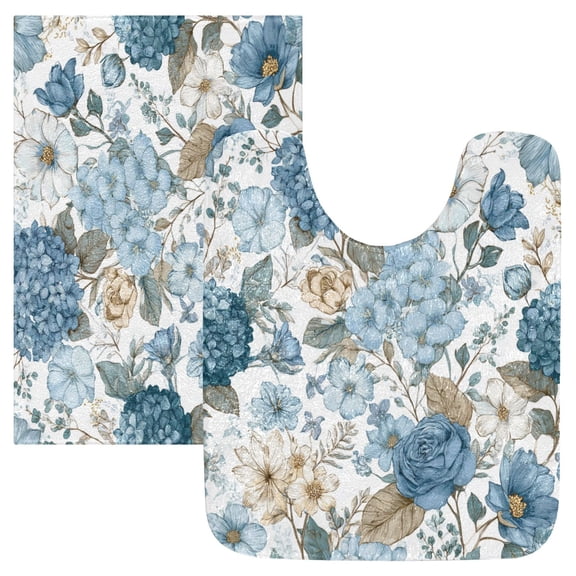 2 Piece Bath Mat Set with U-Shaped Toilet Mat and Rectangle Bath Rugs Non Slip Machine Washable Bathroom Mats Blue Floral Seamless Pattern