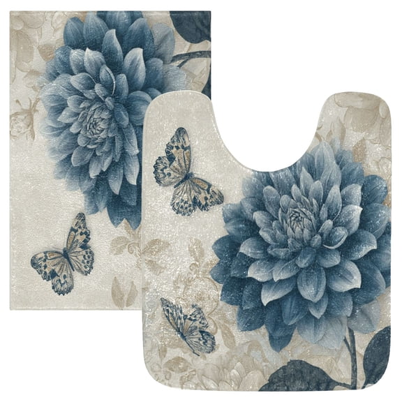 2 Piece Bath Mat Set with U-Shaped Toilet Mat and Rectangle Bath Rugs Non Slip Machine Washable Bathroom Mats Blue Flower with Butterflies