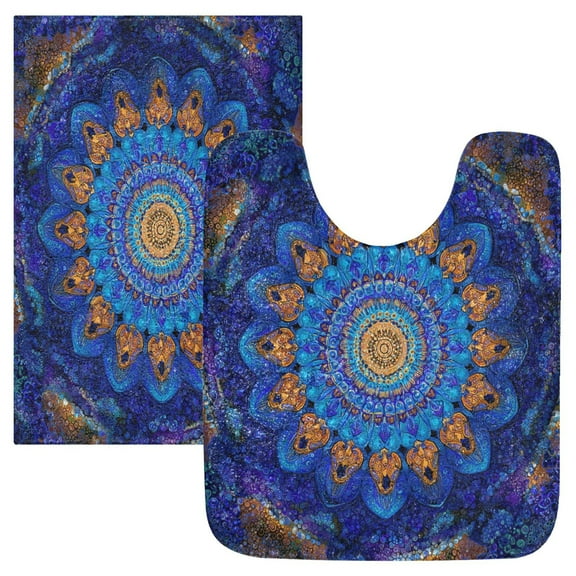 2 Piece Bath Mat Set with U-Shaped Toilet Mat and Rectangle Bath Rugs Non Slip Machine Washable Bathroom Mats Blue Kaleidoscopic Pattern