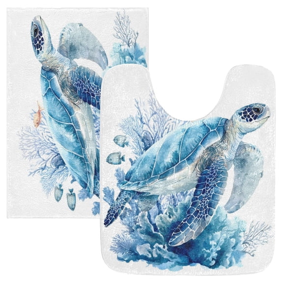 2 Piece Bath Mat Set with U-Shaped Toilet Mat and Rectangle Bath Rugs Non Slip Machine Washable Bathroom Mats Blue Sea Turtle Pattern