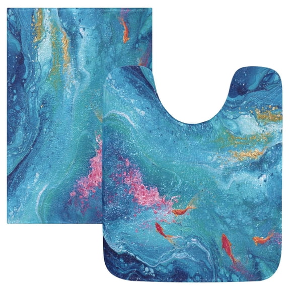 2 Piece Bath Mat Set with U-Shaped Toilet Mat and Rectangle Bath Rugs Non Slip Machine Washable Bathroom Mats Blue Vortex
