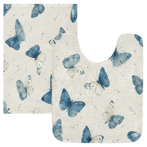 2 Piece Bath Mat Set with U-Shaped Toilet Mat and Rectangle Bath Rugs Non Slip Machine Washable Bathroom Mats Blue Watercolor Butterflies